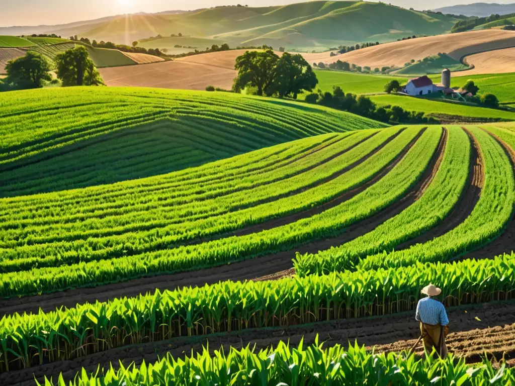 Imagen de un paisaje agrícola exuberante con campos de cultivos verdes, un agricultor trabajando y un cielo azul