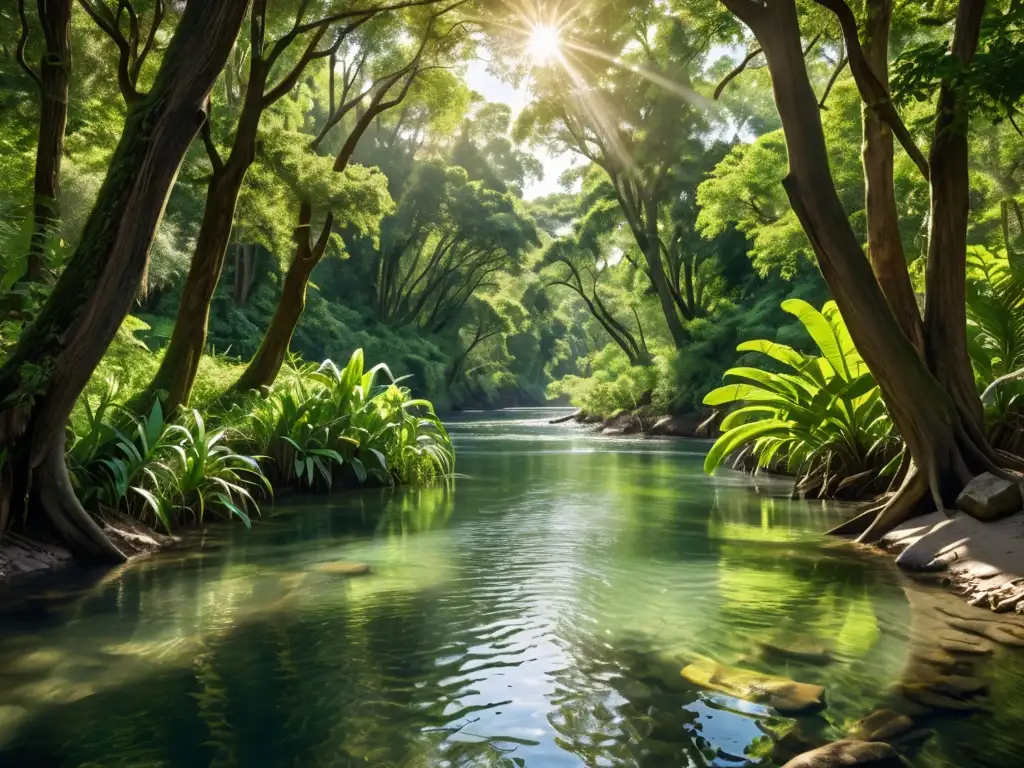 Imagen de un paisaje fluvial exuberante y tranquilo, resaltando la importancia de las prácticas sostenibles en legislación de aguas