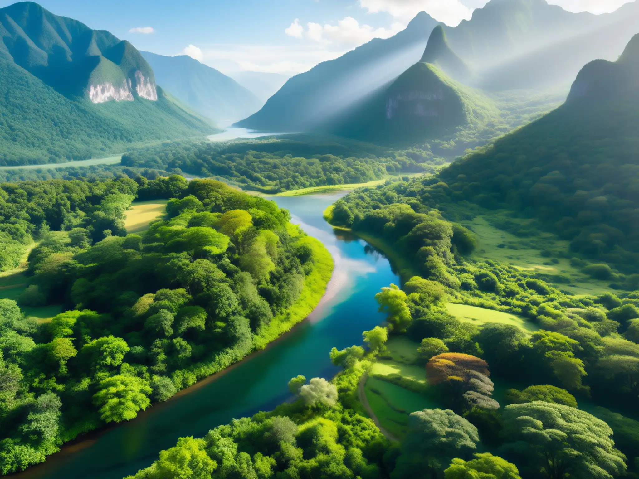 Imagen de un paisaje natural protegido con exuberante vegetación, río cristalino y montañas majestuosas
