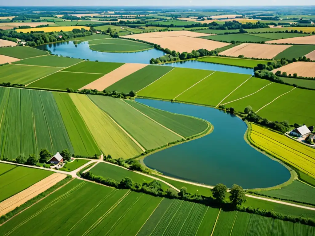 Imagen de un paisaje agrícola rural con un cuerpo de agua claro, resaltando la armonía entre la agricultura y el ambiente