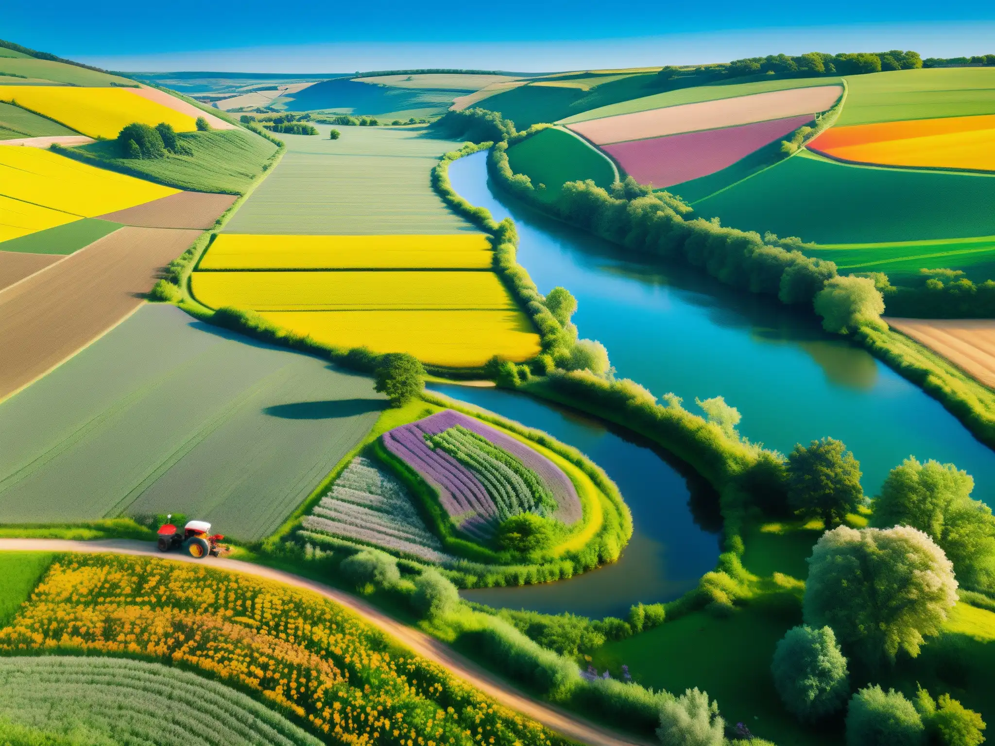 Imagen de un paisaje rural exuberante con agricultores locales, reflejando el equilibrio entre desarrollo y conservación ambiental