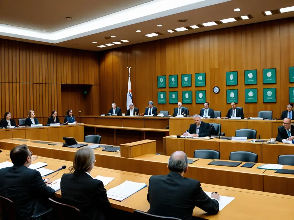 Imagen panorámica de un animado tribunal internacional en debate sobre la aplicación de tratados ambientales, con abogados y jueces concentrados