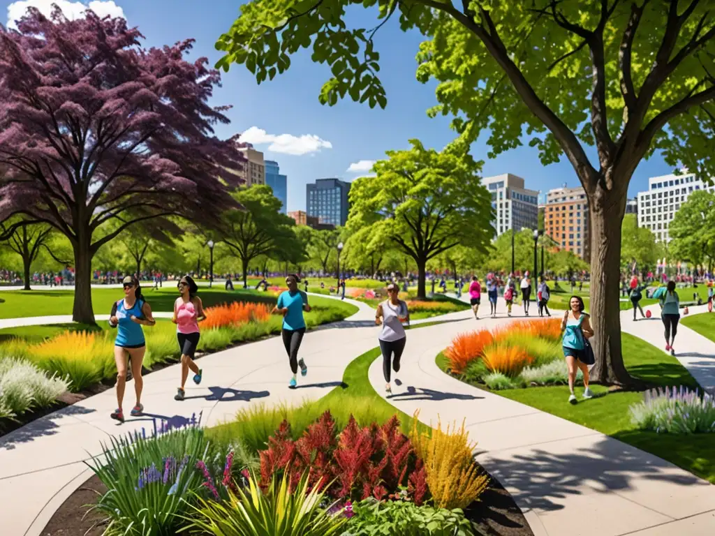 Imagen panorámica de un bullicioso parque urbano, con diversidad de plantas y árboles, senderos y áreas de descanso