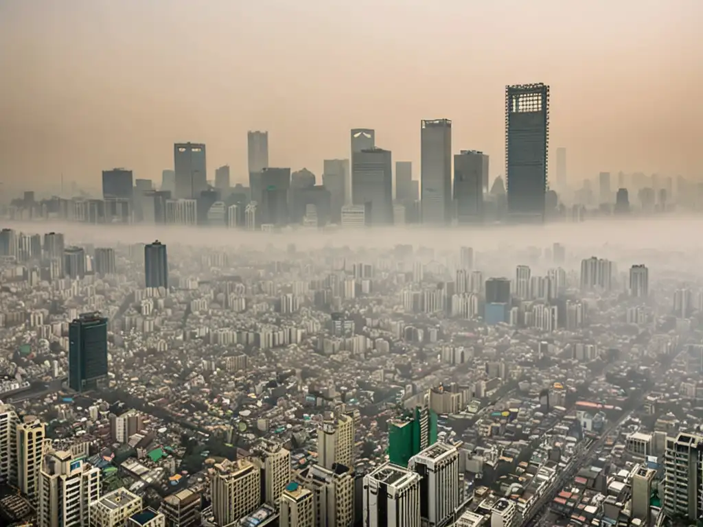 Una imagen panorámica de una ciudad llena de rascacielos y edificios corporativos envuelta en una densa capa de smog y contaminación