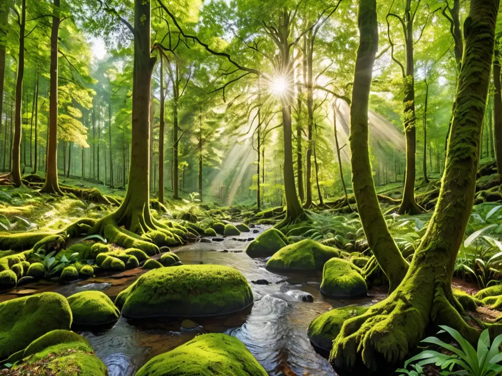 Imagen panorámica de un exuberante bosque europeo, con diversa flora y fauna