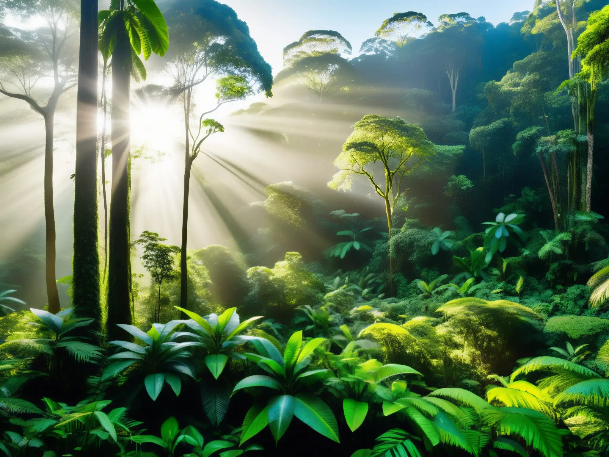 Imagen panorámica de un exuberante y diverso bosque lluvioso, con árboles imponentes y vegetación exuberante