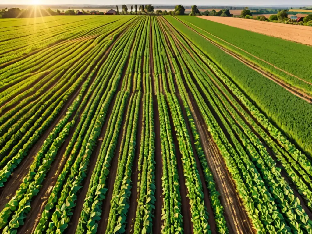 Imagen panorámica de exuberante paisaje agrícola con campos verdes y agricultores practicando la agricultura sostenible