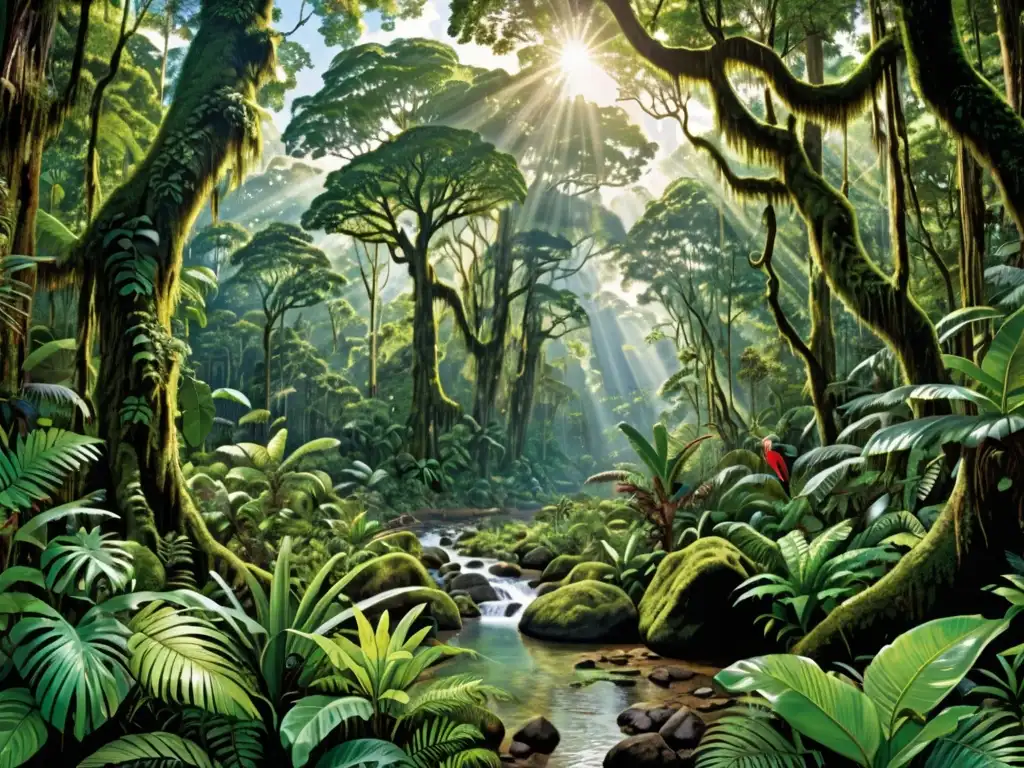 Imagen panorámica de exuberante selva con diversa vida vegetal y animal