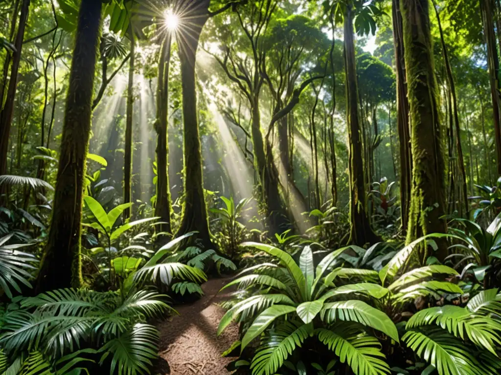 Imagen panorámica de una exuberante selva tropical con árboles imponentes, flora vibrante y diversa fauna