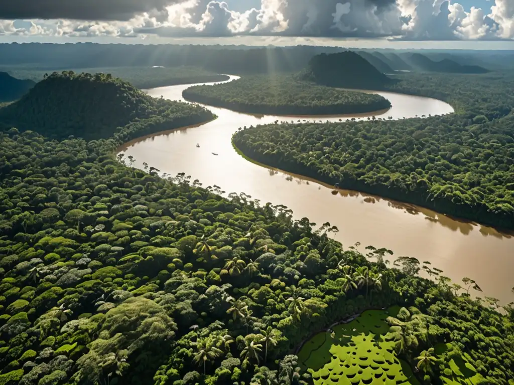 Imagen panorámica de la exuberante selva amazónica, con árboles imponentes, vegetación vibrante y un río serpenteante