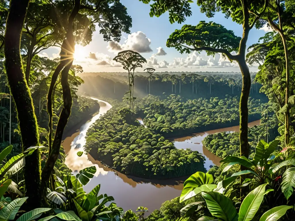 Imagen panorámica de la exuberante selva amazónica, con árboles imponentes, follaje verde vibrante y una variedad de vida silvestre