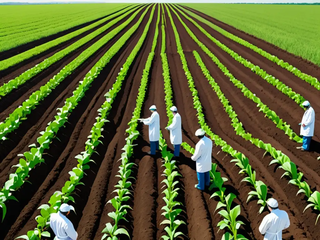 Imagen panorámica de paisaje agrícola verde con impacto legal de biotecnología agrícola en suelos, fusionando naturaleza y tecnología