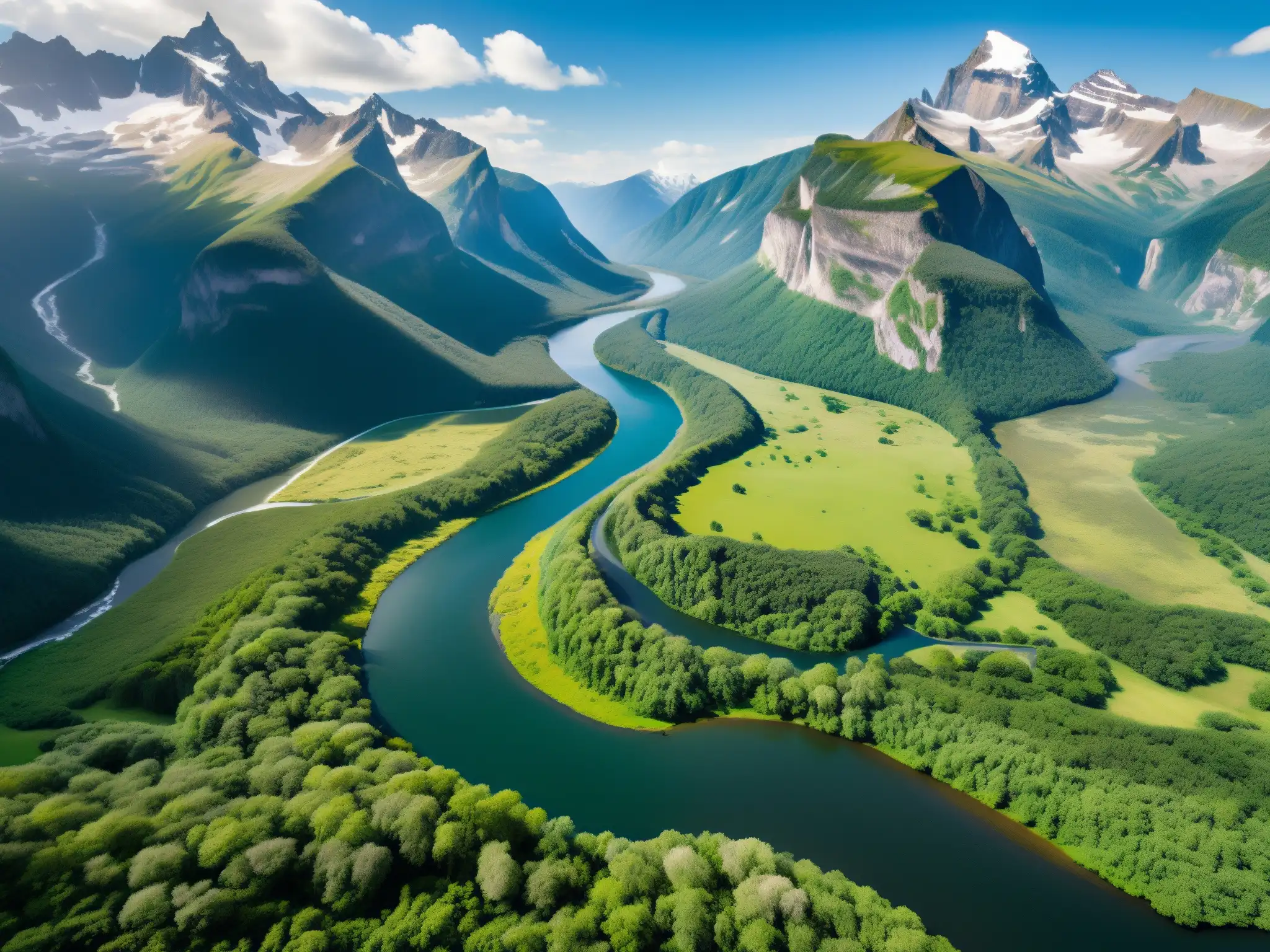 Imagen de parque nacional impresionante, con naturaleza exuberante, ríos serpenteantes y montañas nevadas