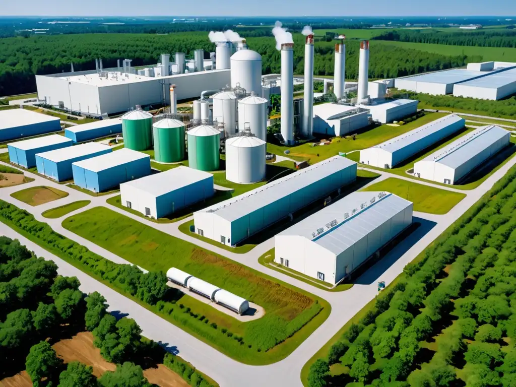 Planta industrial ecológica con tecnología avanzada Imagen de una planta industrial moderna con tecnología ecoamigable en operación, rodeada de vegetación exuberante y cielos azules