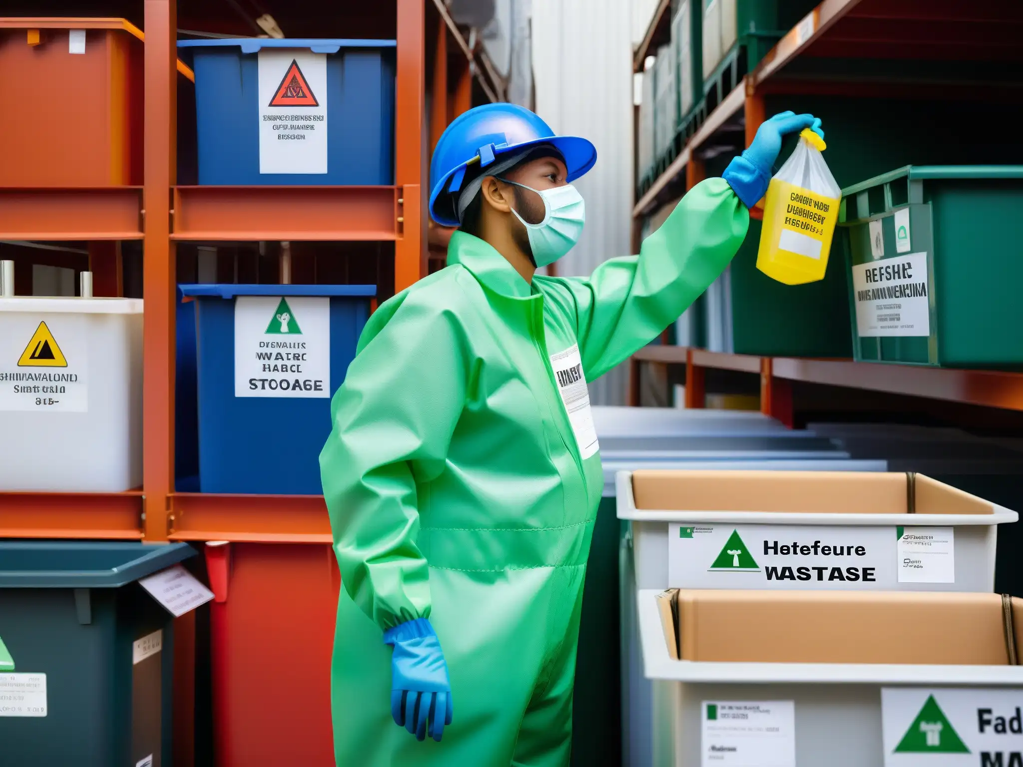 Imagen profesional de gestión de residuos peligrosos en instalación industrial con certificaciones ambientales y protocolos de seguridad