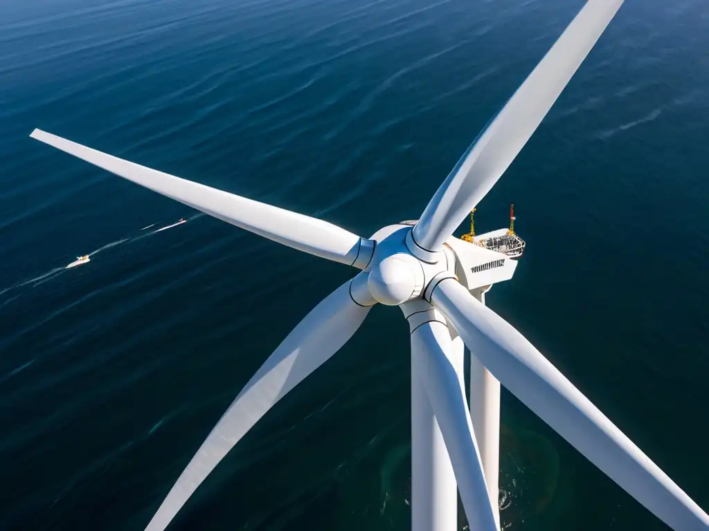 Una imagen de alta resolución muestra un impresionante aerogenerador marino sobre el océano, con luz solar creando dinámicas sombras en el agua