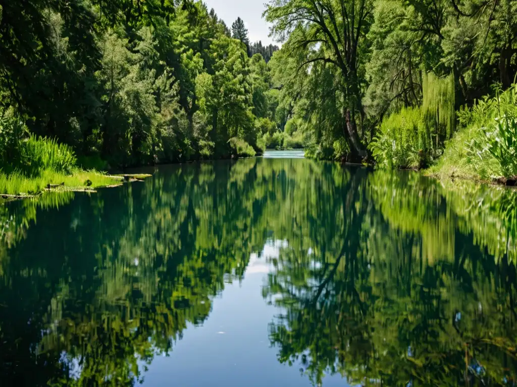 Imagen de río o lago sereno con reflejos vívidos del paisaje, contrastando belleza natural con impacto de emisiones