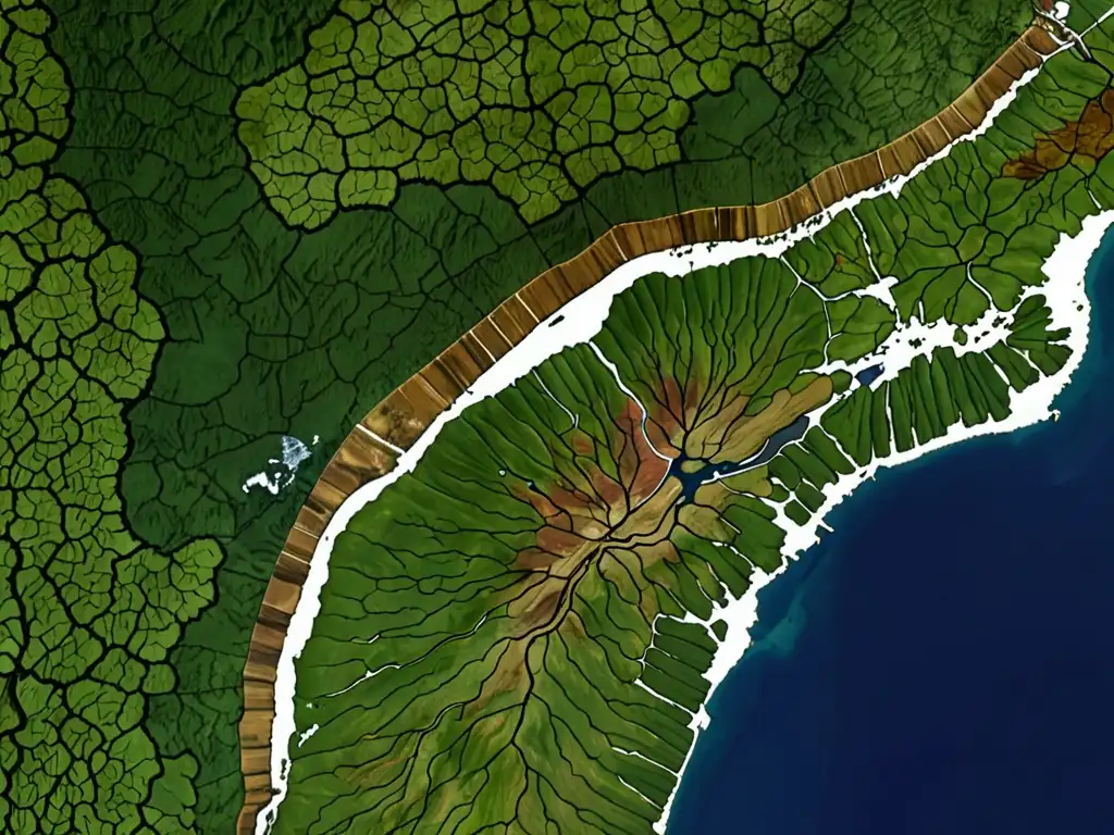 Imagen satelital de contraste entre degradación ambiental y ecosistemas naturales prósperos, destacando la protección ambiental en el TPP