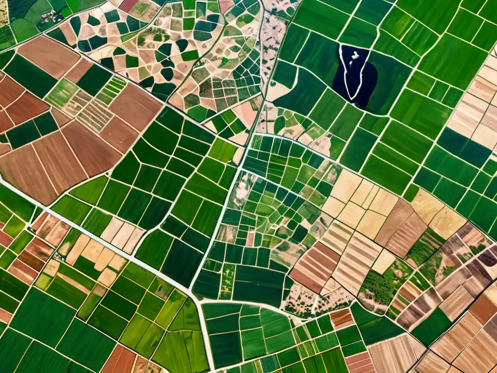 Imagen satelital detallada que muestra la influencia de la PAC en el medio ambiente a través de la transformación de ecosistemas naturales en tierras agrícolas, con contrastantes campos verdes y tierras estériles