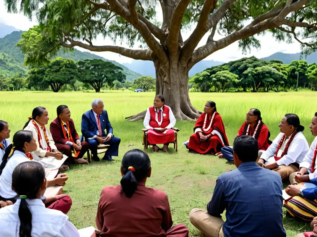 Imagen de gestión territorial liderazgo autoridades indígenas dialogando bajo un árbol, en un ambiente de respeto y colaboración