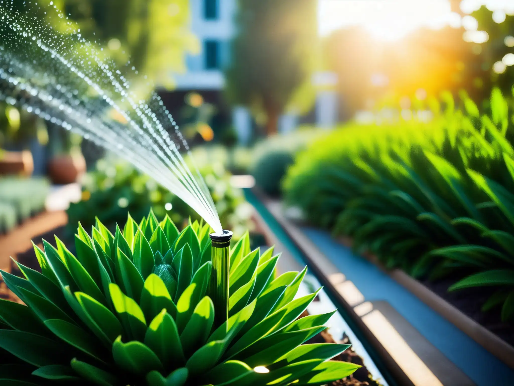 Imagen de jardín urbano con uso eficiente del agua, exuberante y sostenible, resaltando la belleza de la naturaleza y la conciencia ambiental