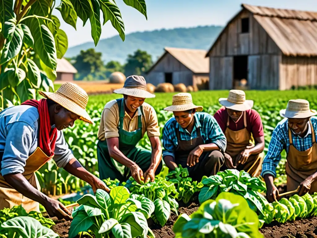 Una imagen vibrante de agricultores diversos trabajando juntos en un campo frondoso y soleado, practicando métodos sostenibles