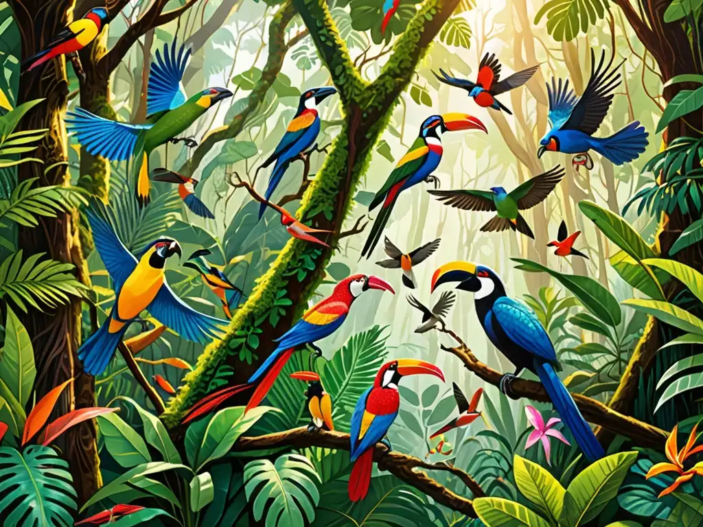 Imagen vibrante de un exuberante bosque tropical con aves coloridas en vuelo y en las ramas