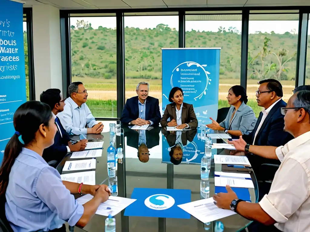 Una imagen vibrante de un grupo diverso discutiendo estrategias de gestión del agua