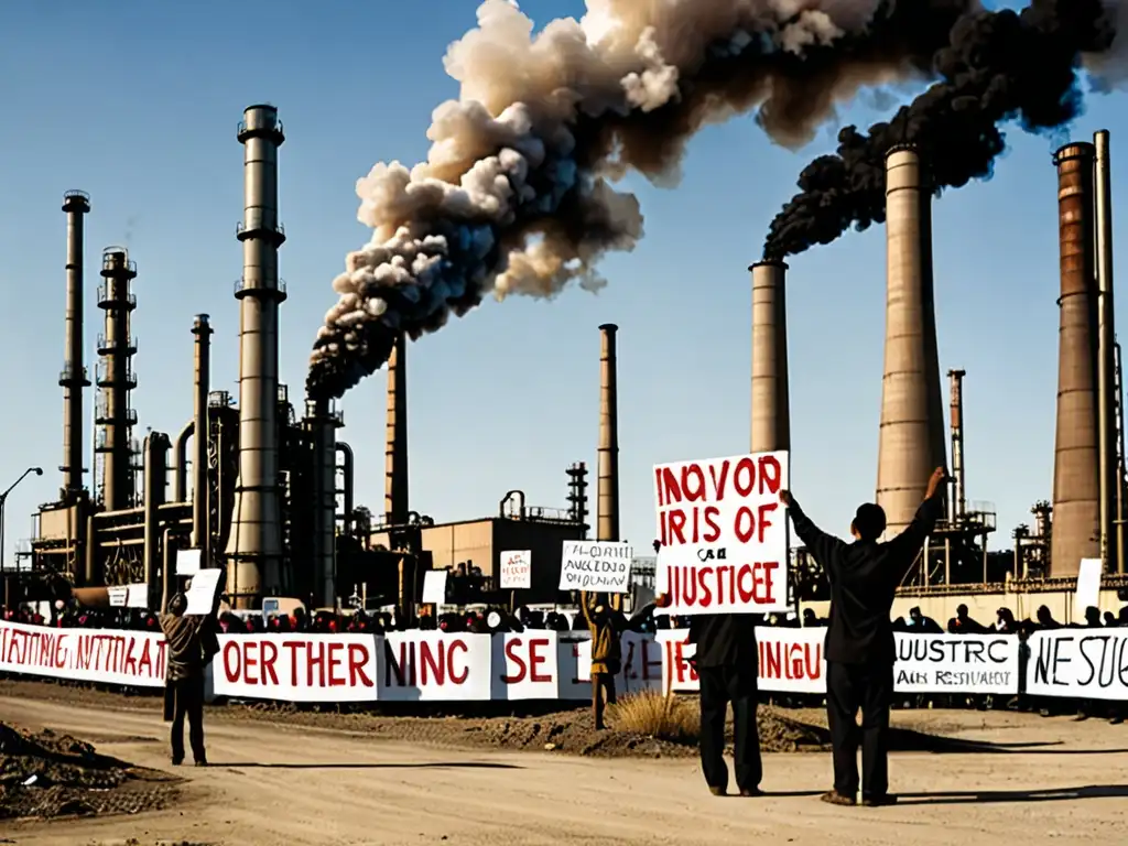 Un impactante contraste entre una refinería de petróleo y manifestantes indígenas luchando por la 'Injusticia ambiental global en derechos humanos'