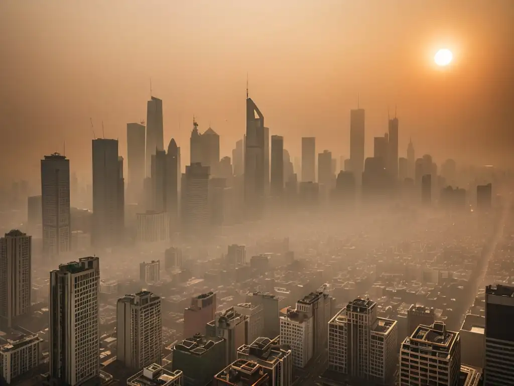 Una impactante foto de la contaminación del aire en una ciudad, con rascacielos parcialmente ocultos por el smog