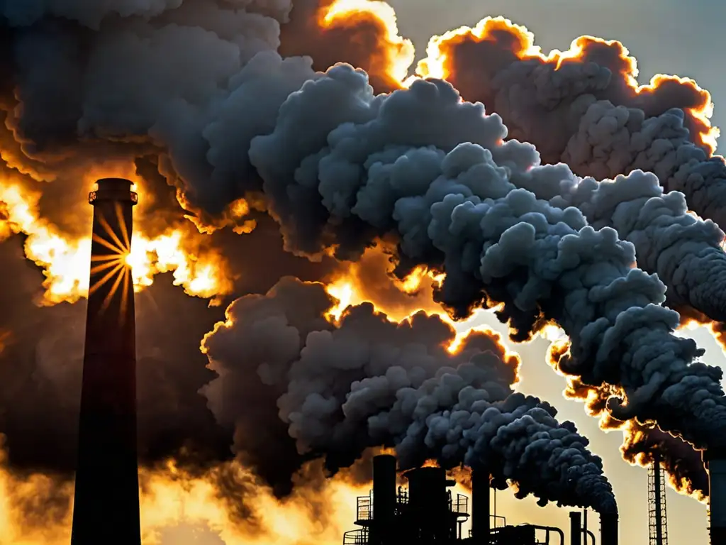 Una impactante imagen de una chimenea de fábrica emitiendo humo denso y oscuro al cielo, con el sol oculto detrás de la contaminación