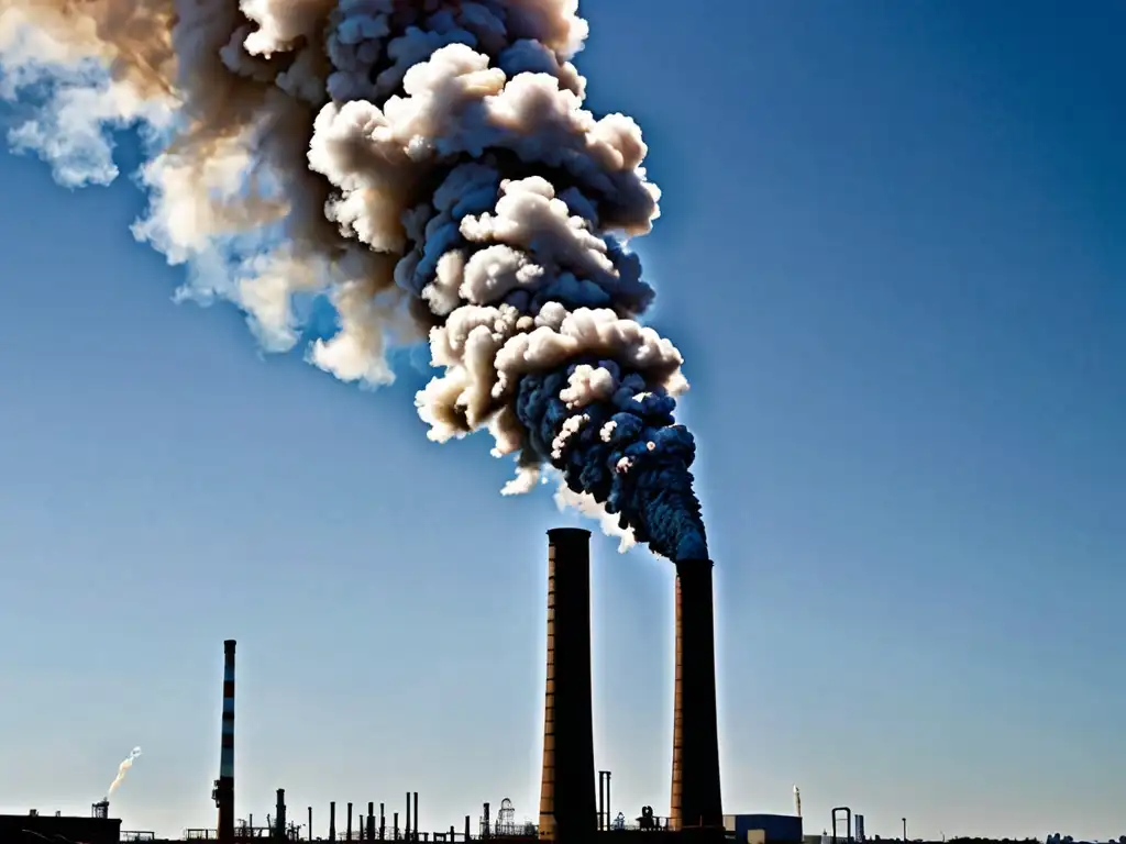 Una impactante imagen de una chimenea humeante emitiendo nubes oscuras de contaminación, contrastando con un cielo azul claro