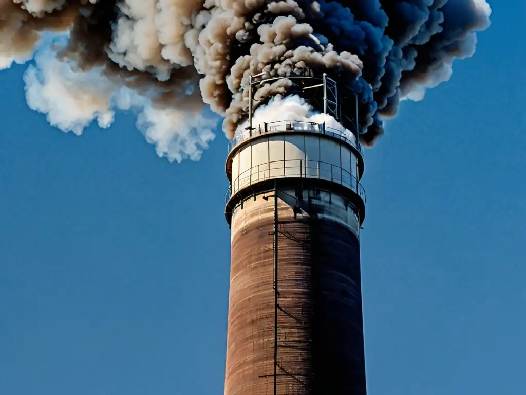 Una impactante imagen de una chimenea expulsando humo oscuro contra un cielo azul