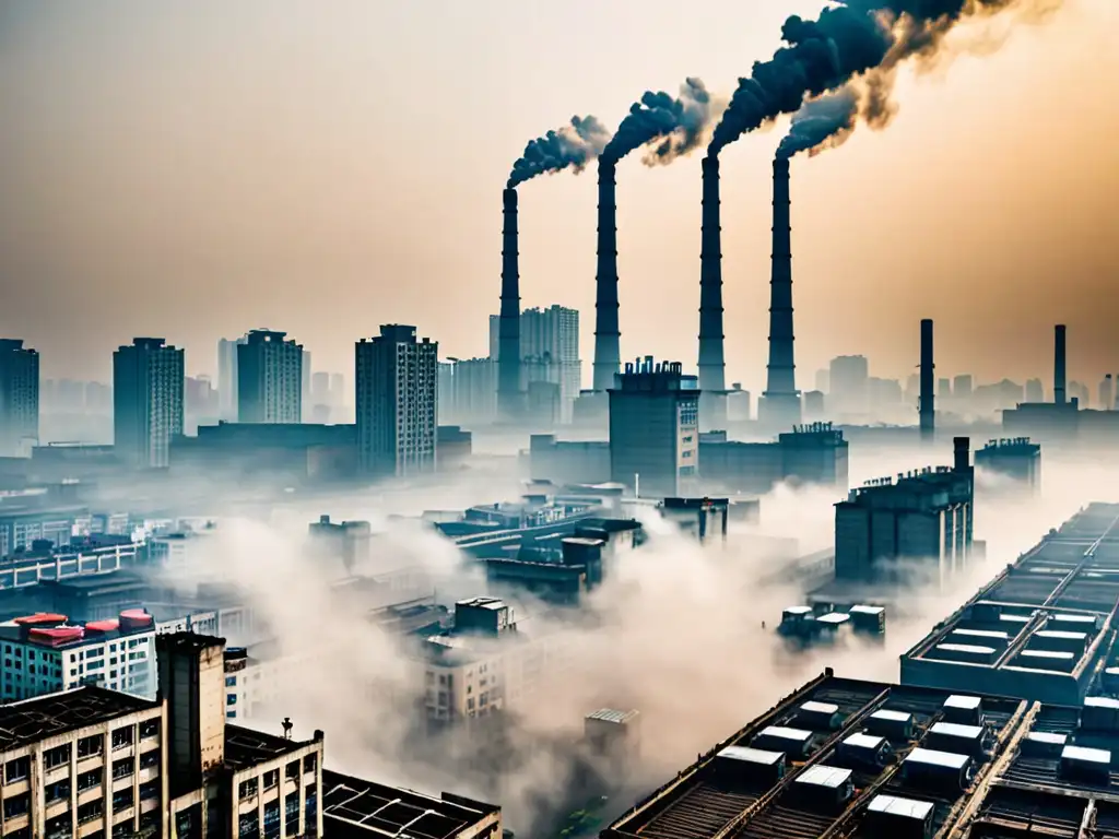 Una impactante imagen de una ciudad industrial en China, con smog denso y chimeneas emitiendo contaminantes al aire