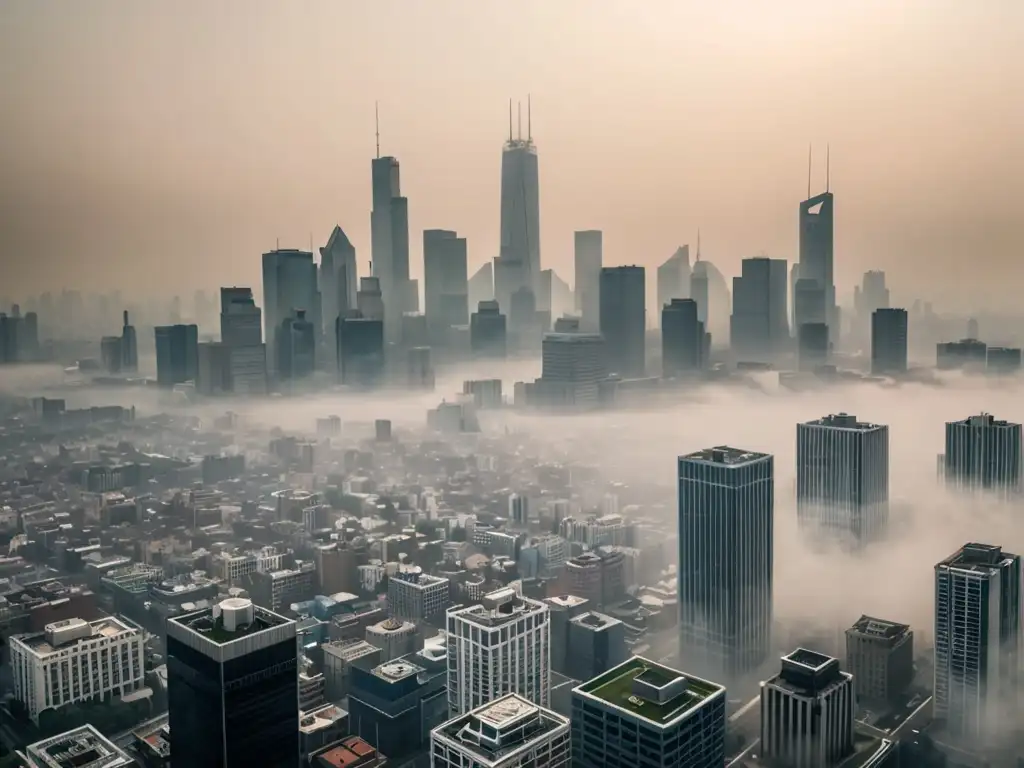 Una impactante imagen 8k de una ciudad con smog, resaltando la urgencia de la legislación calidad del aire global