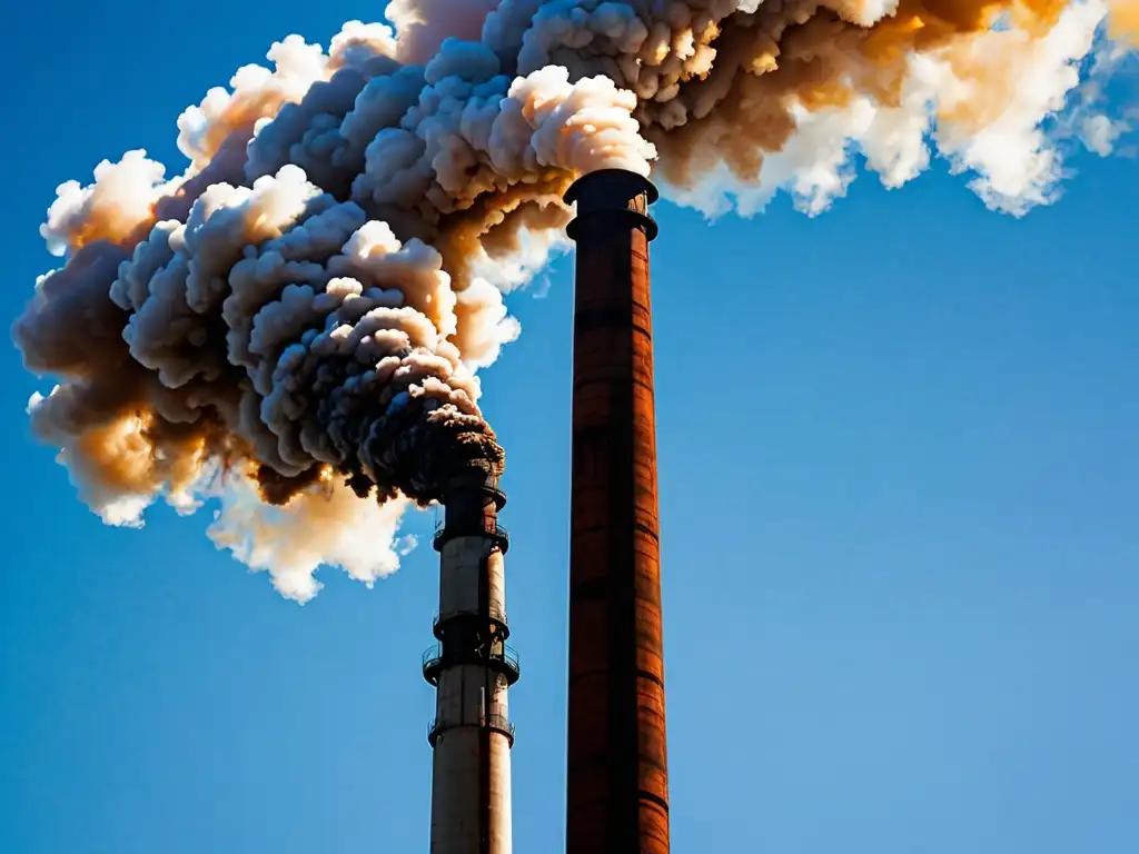 Una impactante imagen detallada de una chimenea emitiendo densas y oscuras columnas de contaminación, contrastando con el cielo azul