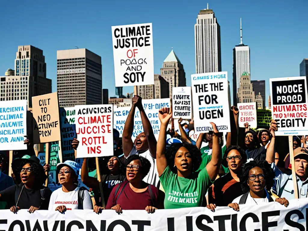 Una impactante imagen documental de activistas diversxs abogando por justicia climática y equidad de derechos en una manifestación, con el telón de fondo del skyline de la ciudad y un cielo azul claro