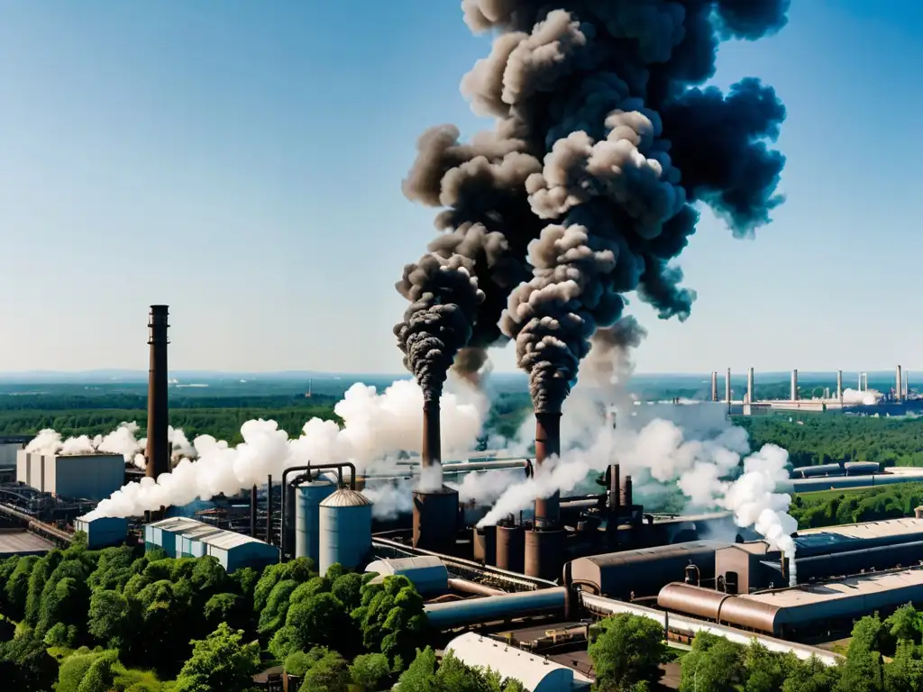 Una impactante imagen de una fábrica industrial emitiendo humo denso, contrastando con un cielo azul y exuberante vegetación