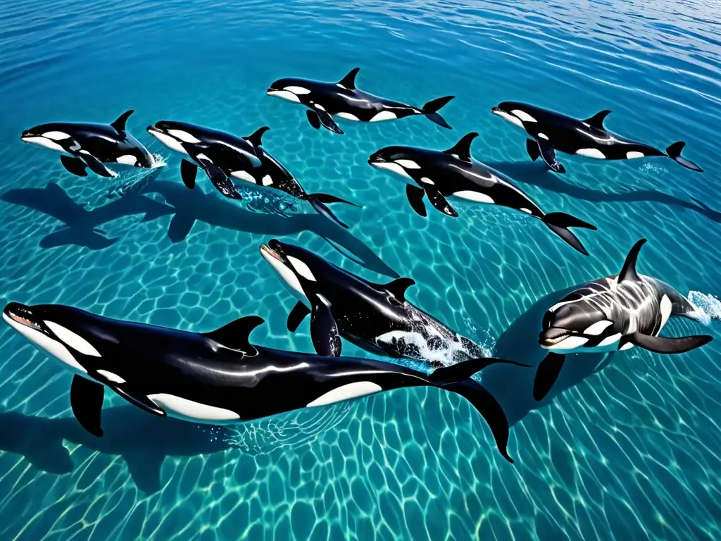 Una impactante imagen de una manada de majestosas orcas nadando graciosamente en aguas cristalinas y azules, rodeadas de una diversa vida marina