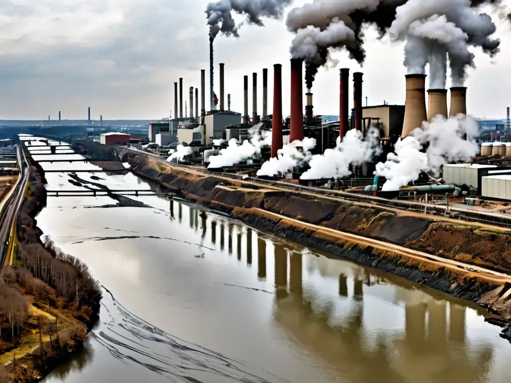 Una impactante imagen panorámica de una fábrica con chimeneas humeantes y un río contaminado a su lado