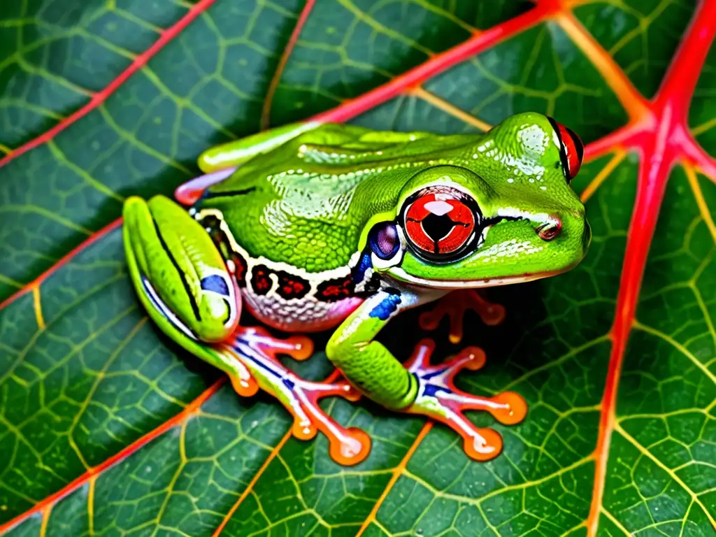 Una impactante imagen de una rana arbórea verde vibrante en una hoja, con sus ojos rojos brillantes y textura de piel detallada