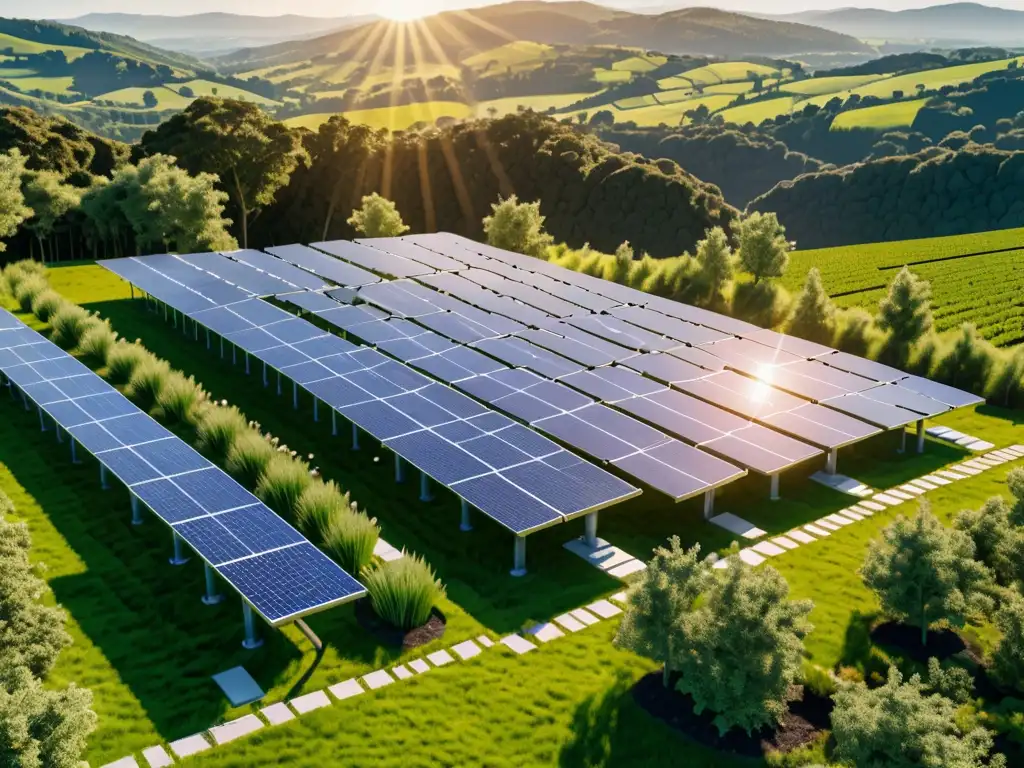 Una impactante instalación de paneles solares en un paisaje verde exuberante, resaltando la fusión de tecnología y naturaleza