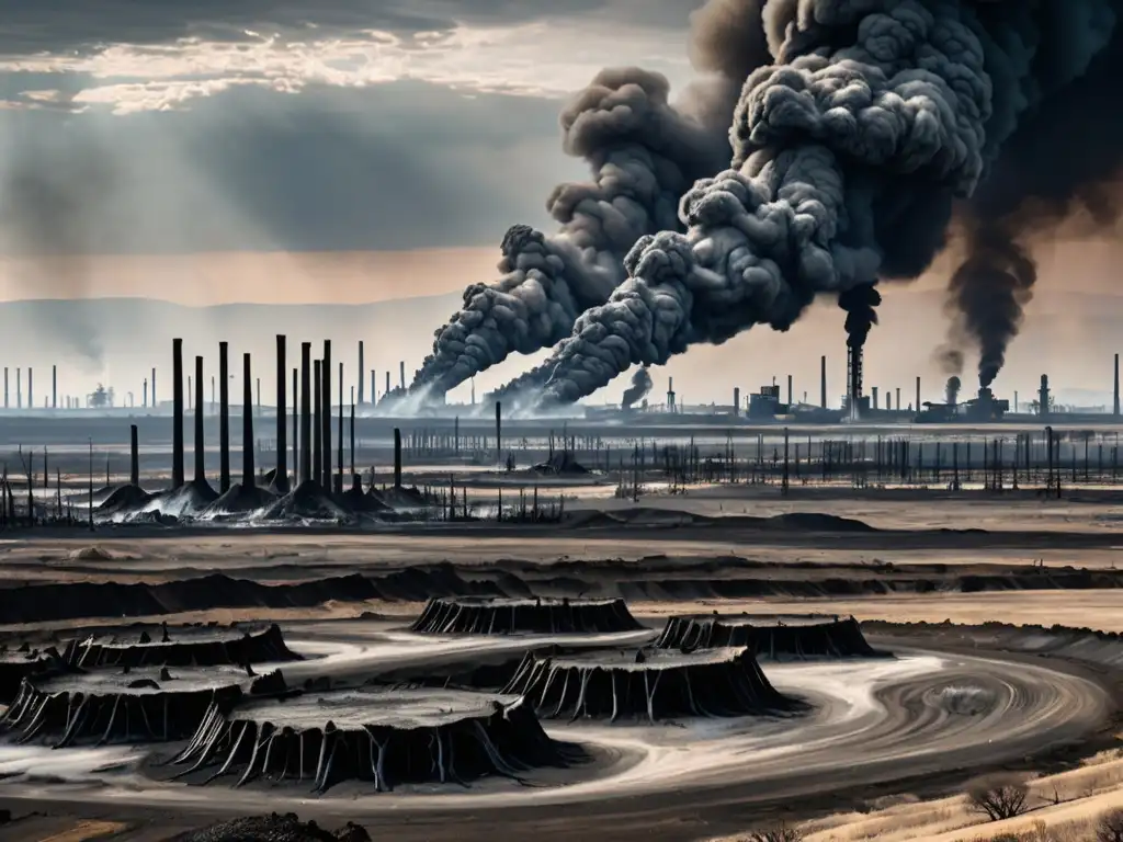 Desolación impactante: paisaje deforestado con humo de fábricas al fondo