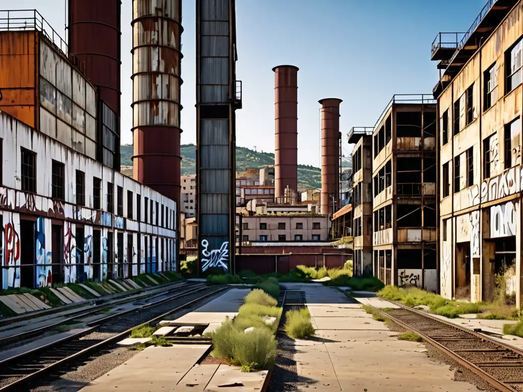 Contraste urbano: transformación industrial a moderna Una impactante fotografía de paisaje urbano postindustrial en España