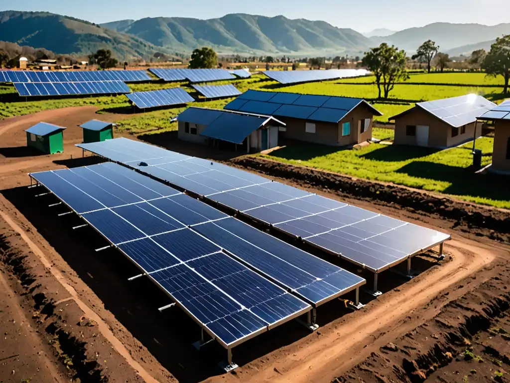 Un impactante panel solar en una comunidad rural, con la luz del sol brillando y residentes felices