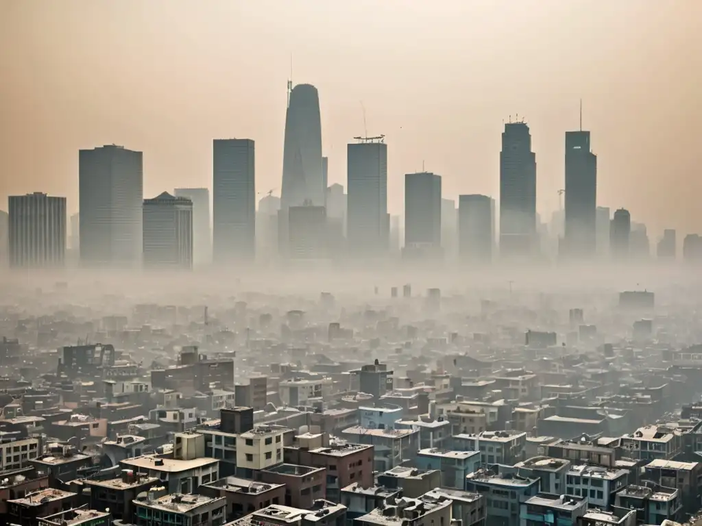 Una impactante vista de la ciudad envuelta en smog y contaminación, resaltando la urgencia de legislación calidad aire impacto global