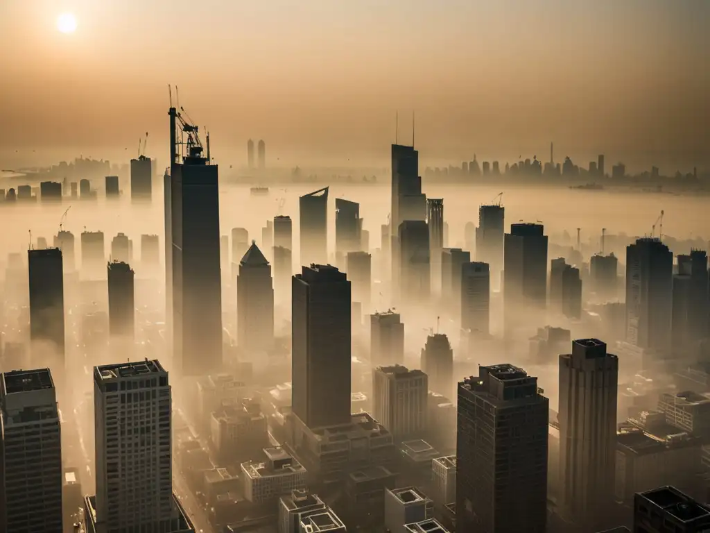 Una impactante vista documental de un horizonte urbano cubierto por una densa capa de smog, con el sol luchando por atravesar la contaminación