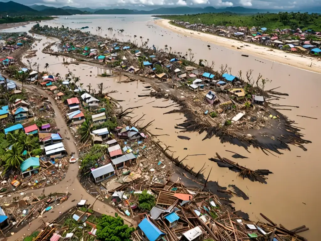 Impacto de desastres naturales en los derechos humanos: devastación en un pueblo costero, escombros y comunidad resiliente