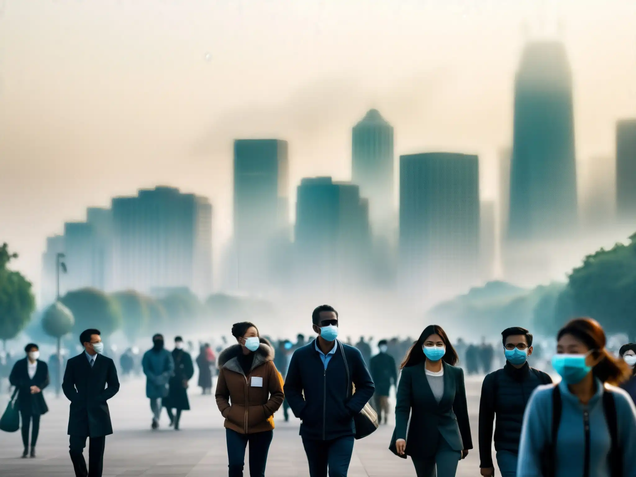 Impacto global: ciudad envuelta en smog, personas con mascarillas