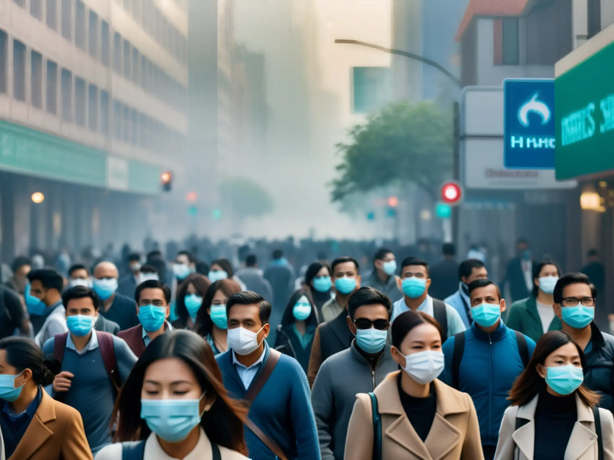 Impacto global: ciudad envuelta en smog, personas con máscaras, luchando por ver